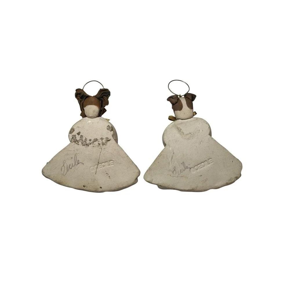 2 Vintage Cecile Baird Dog Papillon Boxer Angel Christmas Clay Ornament 1990s